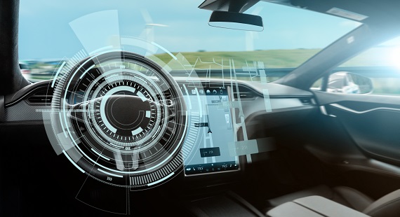 Interior view of an car with illustrations in the front
