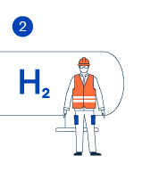 Illustration: Mann steht in Warnweste vor einem Wasserstoffspeicher